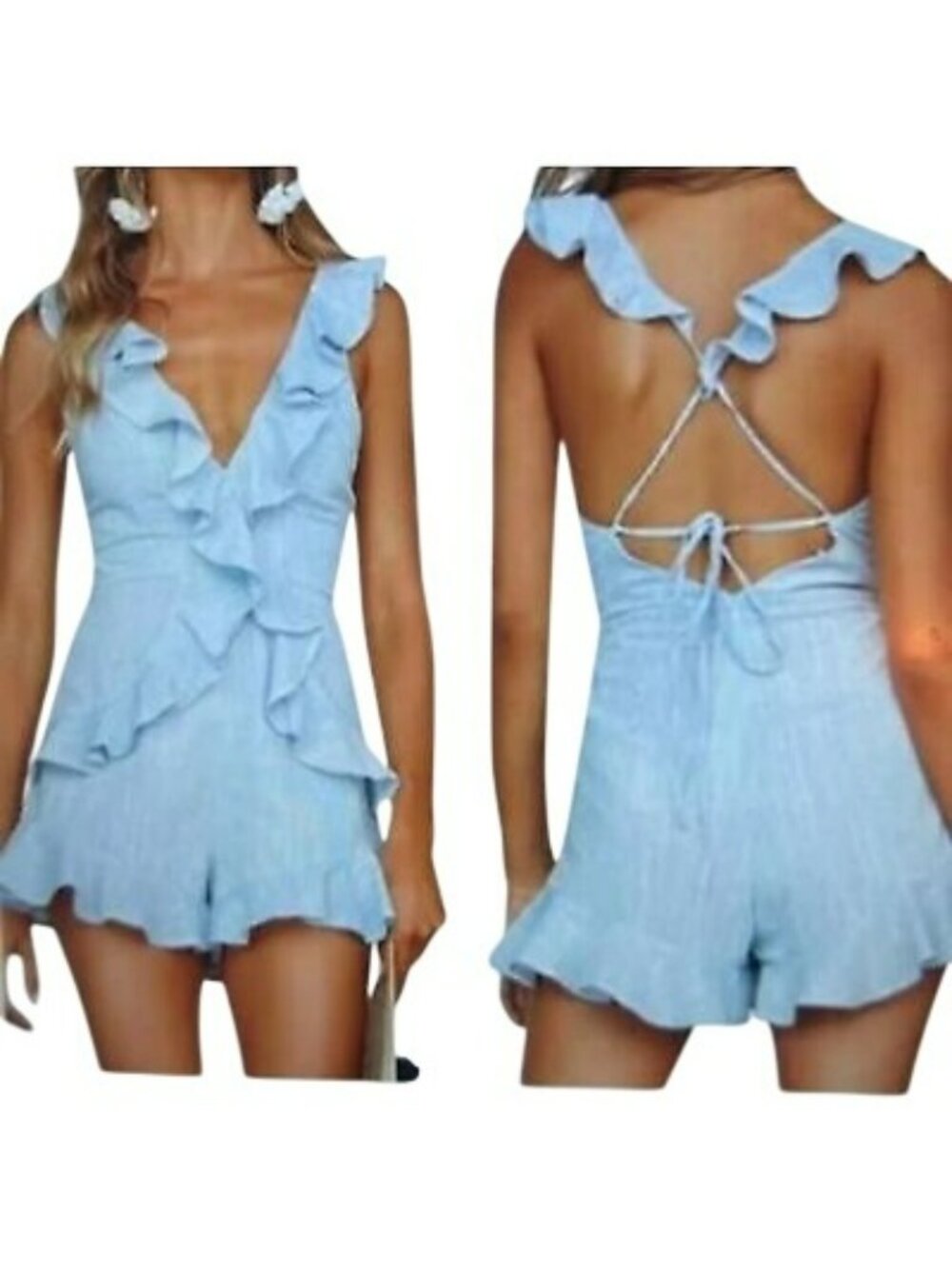 Day + Moon Romper Open Back Blue Striped Ruffle Tie Detail Size S Summer Beach